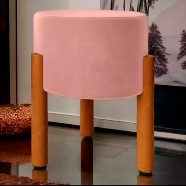 Puff Thor Banquinho Redondo Pés Em Madeira Maciça Suede Rosa