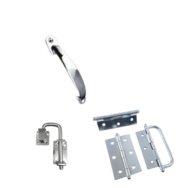 Puxador + Trinco + Dobradiças Alça Porta Camarão Cromado