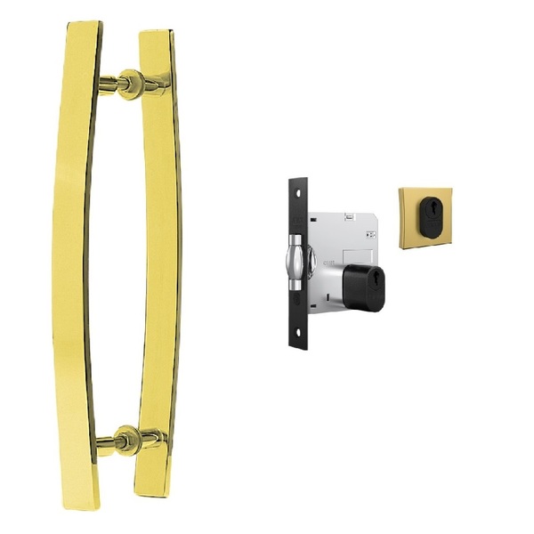 Puxador Para Portas Madeira 40 Cm Curvo Dourado + Fechadura