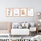 Quadro 30x80cm Infantil Animais Felizes Moldura Natural Com V