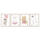 Quadro 30x80cm Infantil Animais Felizes Moldura Natural Com V