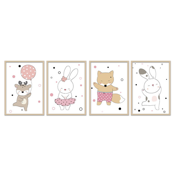 Quadro 30x80cm Infantil Animais Felizes Moldura Natural Com V