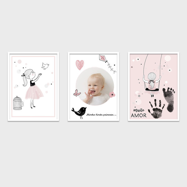 Quadro 60x120cm Infantil Lembrança Bebê Menina Moldura Preta