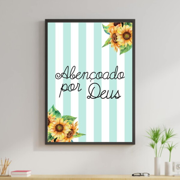 Quadro Abençoado Por Deus - Girassol 33x24cm - Com Vidro Mold