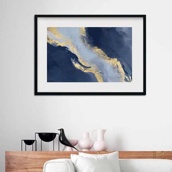 Quadro Abstrato Azul Marinho Com Dourado - 60x48cm Moldura:ma