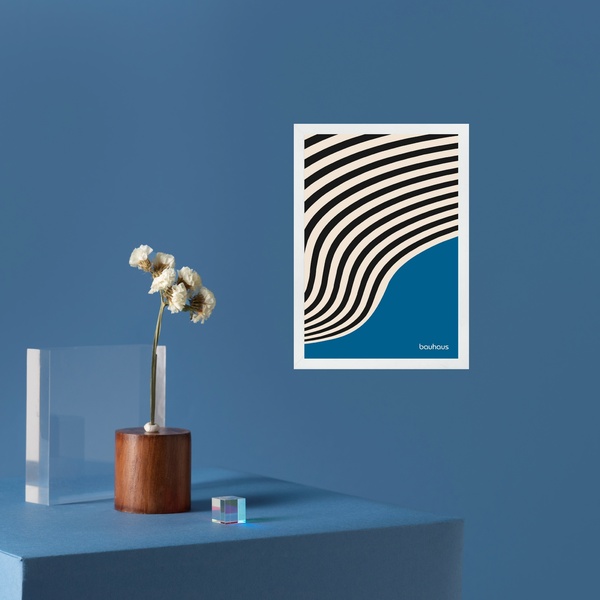 Quadro Abstrato Bauhaus Azul E Preto - Curvas 24x18cm - Com V