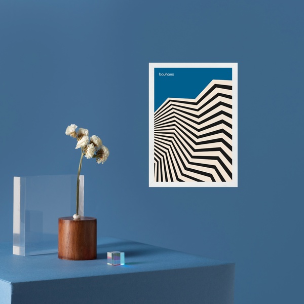 Quadro Abstrato Bauhaus Azul - Geométrico 24x18cm Moldura Pre