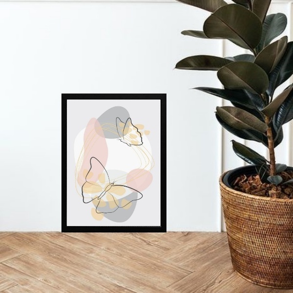 Quadro Abstrato Borboletas Rosa E Cinza 33x24cm - Com Vidro M