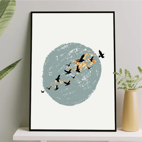 Quadro Abstrato Pássaros Voando 45x34cm Moldura:madeira Branca