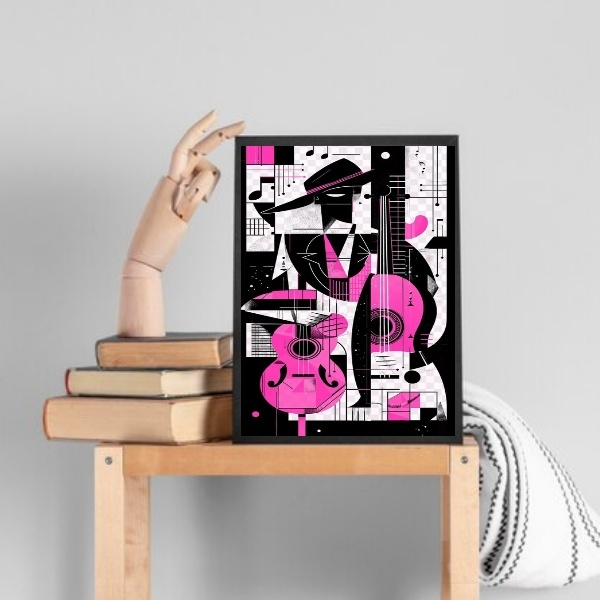 Quadro Abstrato Violão Rosa 33x24cm - Com Vidro Moldura Branca