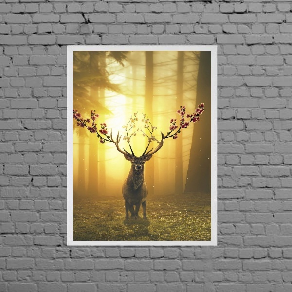 Quadro Alce Com Chifre De Flores 45x34cm - Com Vidro Moldura: