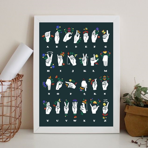 Quadro Alfabeto Manual - Libras 45x34cm - Com Vidro Moldura:m