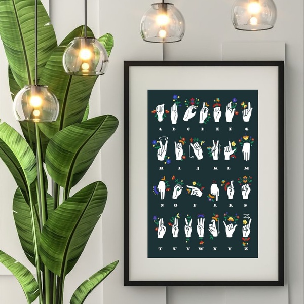 Quadro Alfabeto Manual Libras - 60x48cm Moldura:madeira Preta