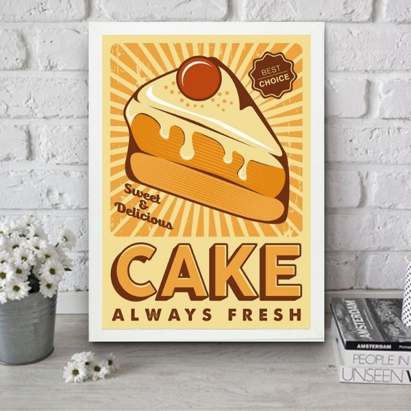 Quadro Amarelo Para Cozinha - Bolo 24x18cm - Com Vidro Moldur