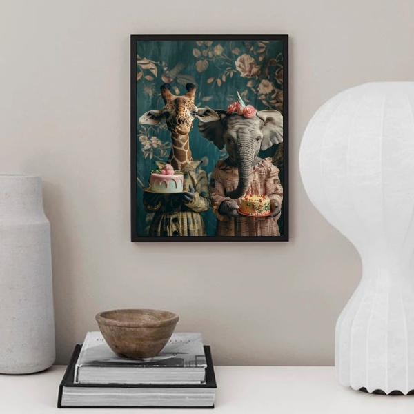 Quadro Amigas Girafa E Elefante 24x18cm - Com Vidro Moldura P