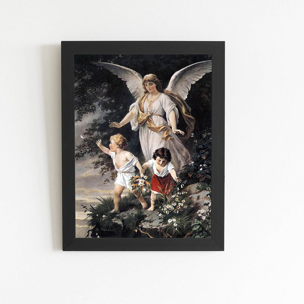 Quadro Anjo Da Guarda Arte Religião Moldura Preta 60x40cm