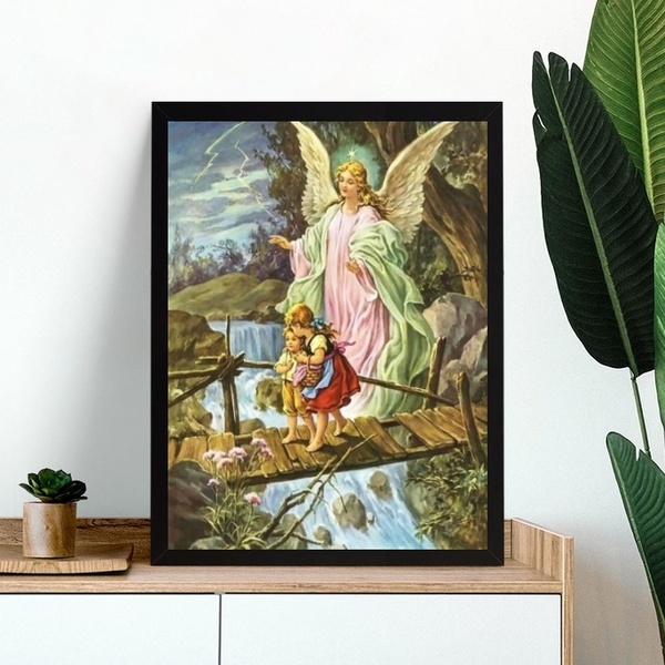 Quadro Anjo Protegendo Crianças 24x18cm - Com Vidro Moldura P