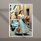 Quadro Anos 50 - Mulher Carro E Flores 33x24cm Moldura Preta