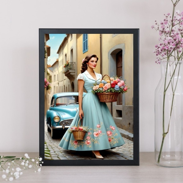 Quadro Anos 50 - Mulher Carro E Flores 45x34cm - Com Vidro Mo