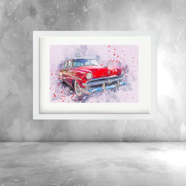 Quadro Aquarela Carro Antigo Vermelho - 60x48cm Moldura Preta