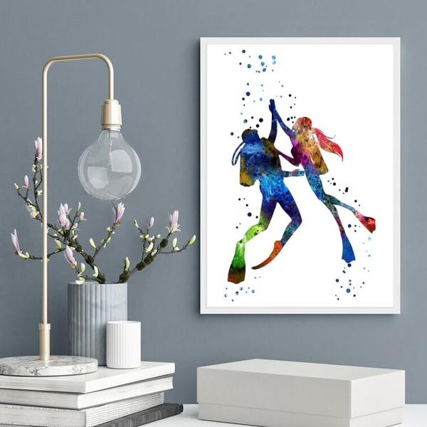 Quadro Aquarela Casal De Mergulhadores 45x34cm Moldura:madeir