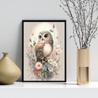 Quadro Aquarela Corujinha Com Flores 33x24cm - Com Vidro Mold