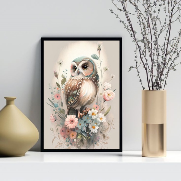 Quadro Aquarela Corujinha Com Flores 33x24cm - Com Vidro Mold