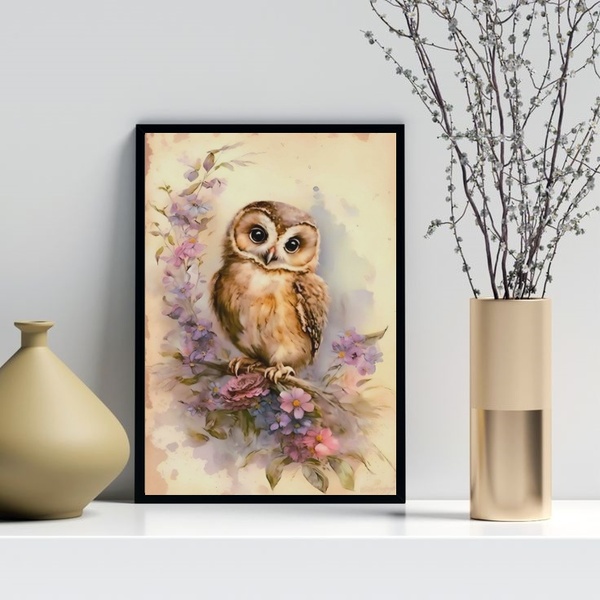 Quadro Aquarela Corujinha Vintage 45x34cm - Com Vidro Moldura