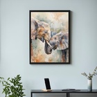 Quadro Aquarela Elefantes - Mãe E Filho 24x18cm Moldura Preta
