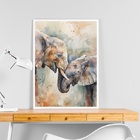 Quadro Aquarela Elefantes - Mãe E Filho 33x24cm - Com Vidro M