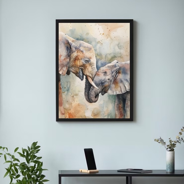 Quadro Aquarela Elefantes - Mãe E Filho 33x24cm - Com Vidro M