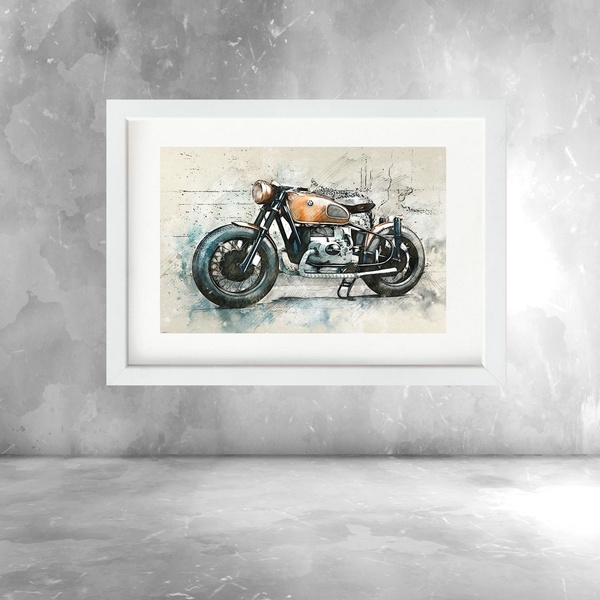 Quadro Aquarela Motocicleta Vintage - 60x48cm Moldura Branca