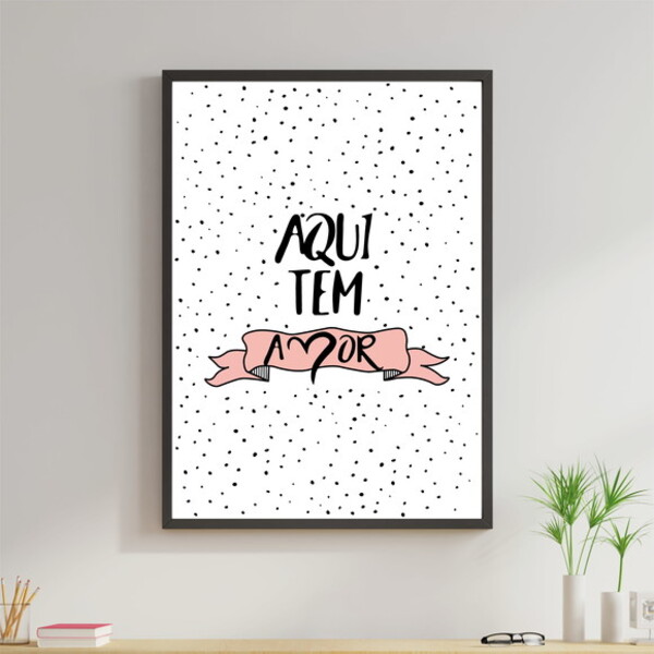 Quadro Aqui Tem Amor- Rosa 60x40cm Moldura:madeira Branca