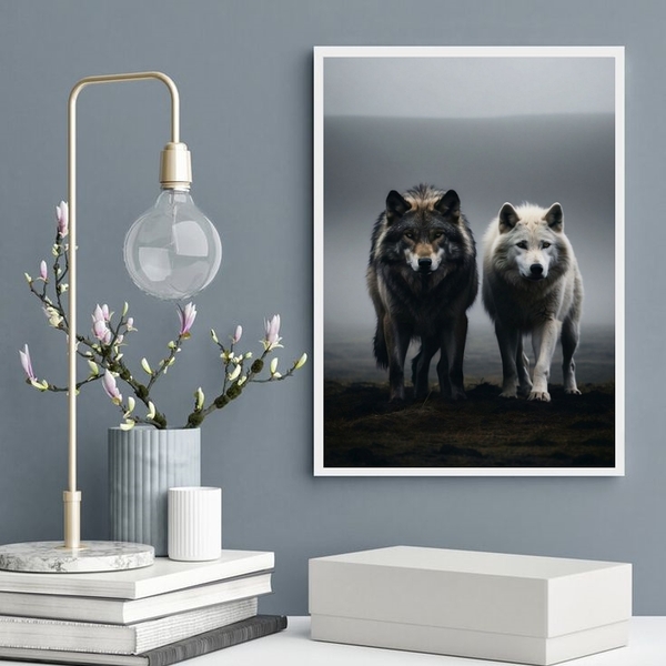 Quadro Arquétipo Casal De Lobos 45x34cm - Com Vidro Moldura:m