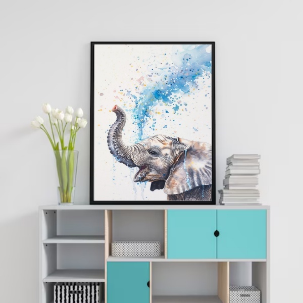 Quadro Arte Aquarela Elefantinho 24x18cm Moldura Preta
