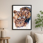 Quadro Arte Aquarela Família De Leões - Wildlife 33x24cm - Co