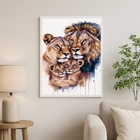 Quadro Arte Aquarela Família De Leões - Wildlife 33x24cm - Co