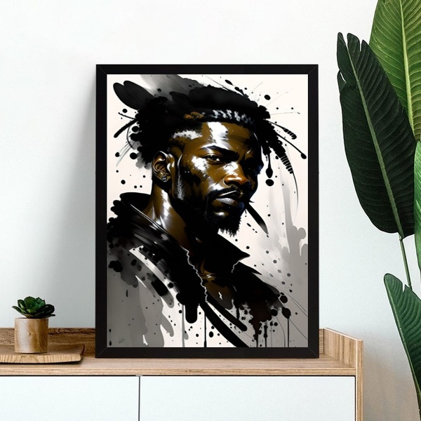 Quadro Arte Aquarela Homem Negro 33x24cm Moldura Branca