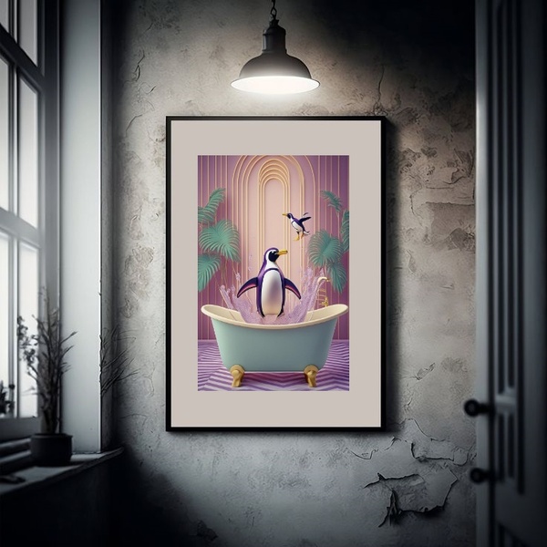 Quadro Arte Banheiro Pinguins - 60x48cm Moldura Preta