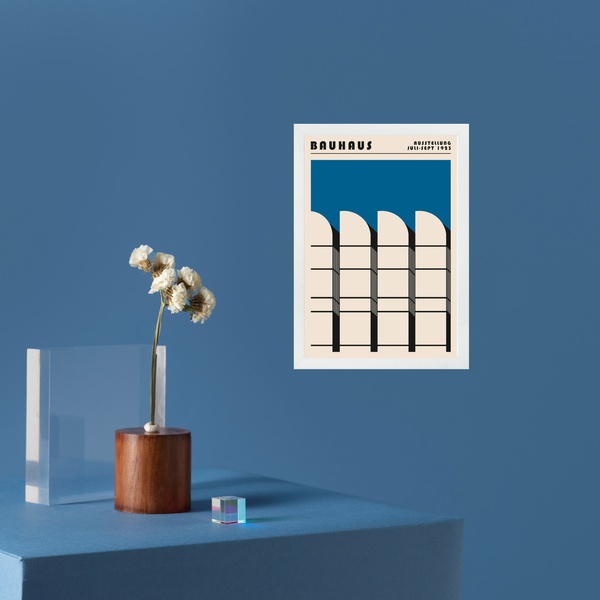 Quadro Arte Bauhaus Azul - Arquitetura 24x18cm - Com Vidro Mo