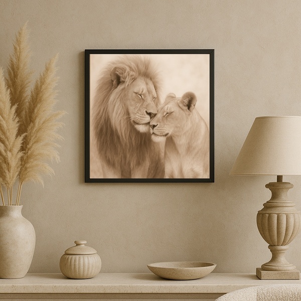 Quadro Arte Bege Leão E Leoa - 33x33cm - Com Vidro  Moldura B