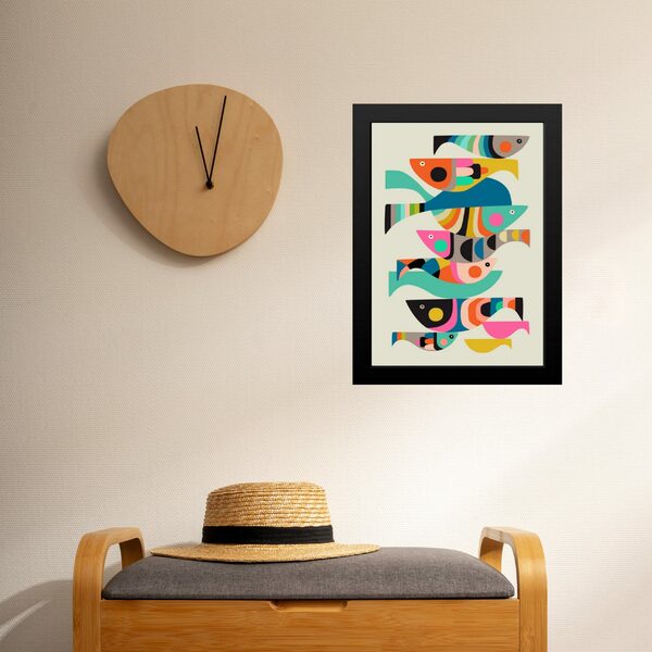 Quadro Arte Cardume De Peixes Abstrato Colorido 24x18cm - Com