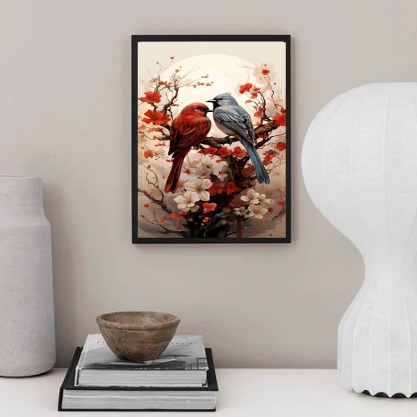 Quadro Arte Casal De Passarinhos 45x34cm - Com Vidro Moldura