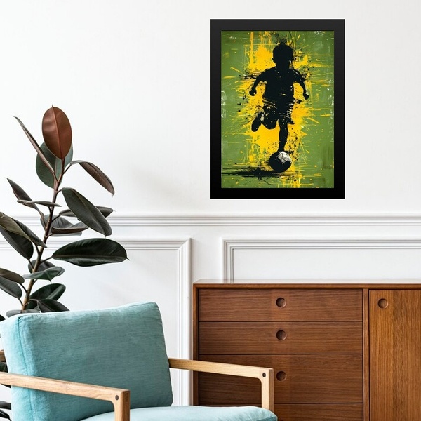 Quadro Arte Criança Jogando Futebol 45x34cm Moldura Branca