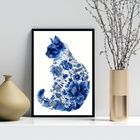 Quadro Arte Gato Floral Azul 24x18cm - Com Vidro Moldura Preta