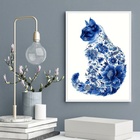 Quadro Arte Gato Floral Azul 33x24cm - Com Vidro Moldura Bran