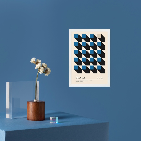 Quadro Arte Geométrica Bauhaus - Cubos Azuis 24x18cm - Com Vi