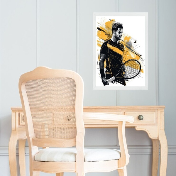 Quadro Arte Homem Tenista - Preto E Amarelo 45x34cm - Com Vid