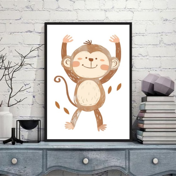 Quadro Arte Infantil Macaquinho 33x24cm - Com Vidro Moldura P