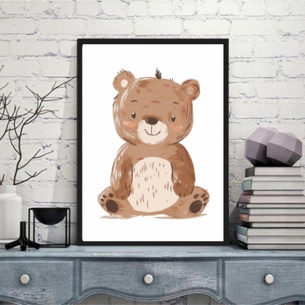 Quadro Arte Infantil Ursinho 45x34cm - Com Vidro Moldura Preta